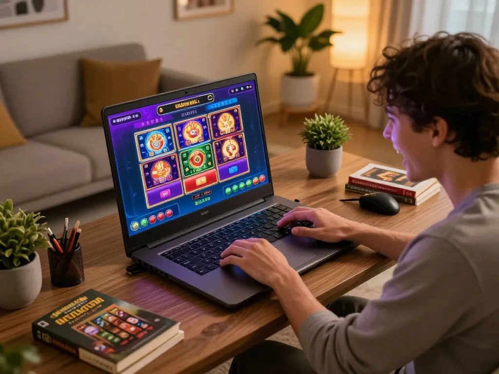 Engaging at-home gaming experience with https://qtr88.com/ on a laptop, highlighting online slots enjoyment.