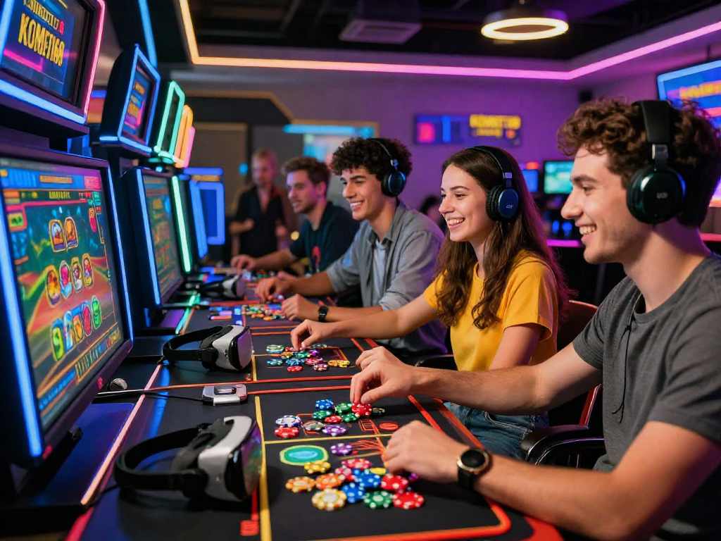 KOMBET168 gaming group enjoying vibrant online casino experience with high-tech screens and excitement