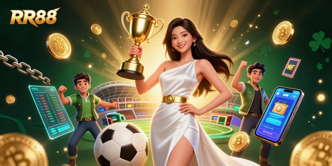 Win big at RR88 and celebrate victories in this vibrant online gaming scene filled with trophies and crypto.
