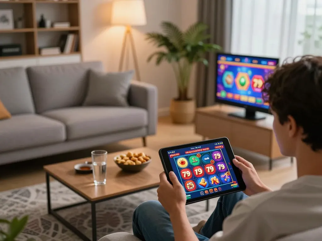 Engaging in fun 79 online gaming on a tablet in a cozy home environment, showcasing responsible gambling.