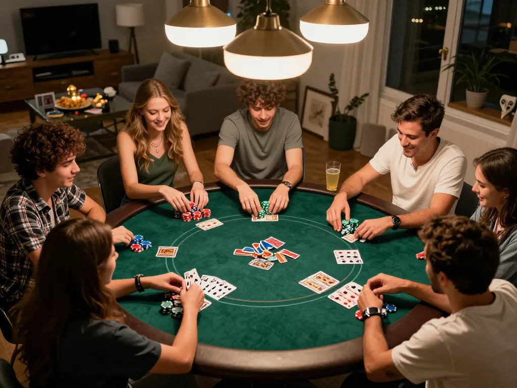 Friends enjoying a lively poker night at home, showcasing a friendly atmosphere while playing at LV88.