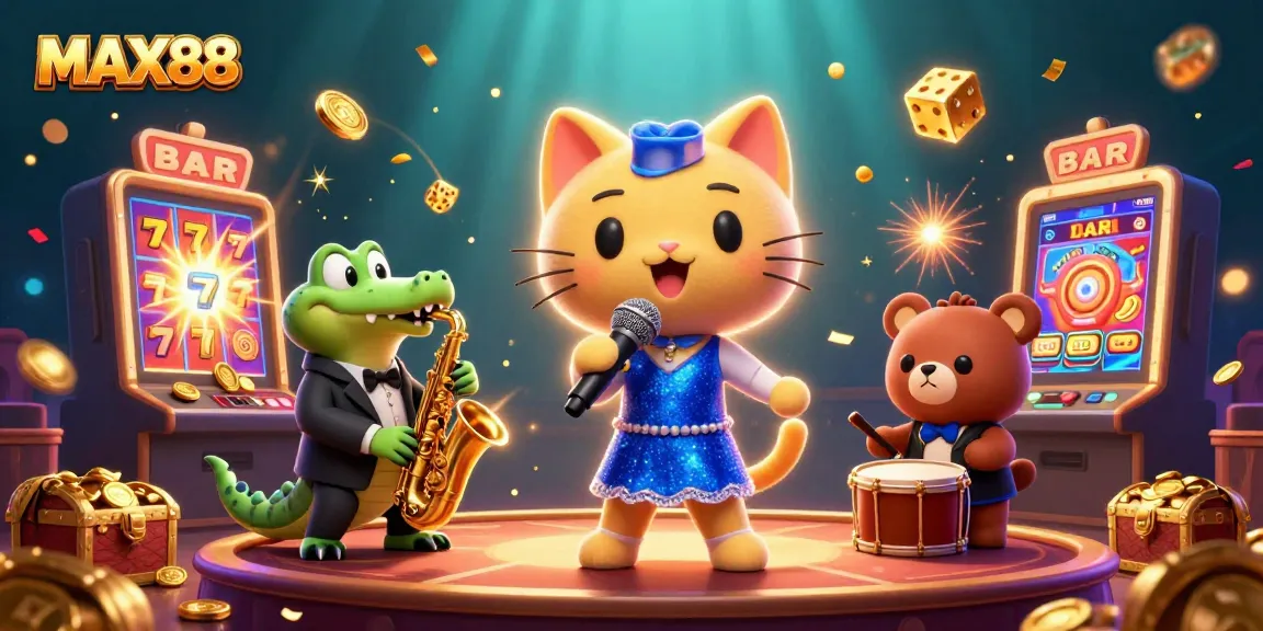 Experience exciting slots with MAX88 in a vibrant 3D casino scene featuring engaging characters.