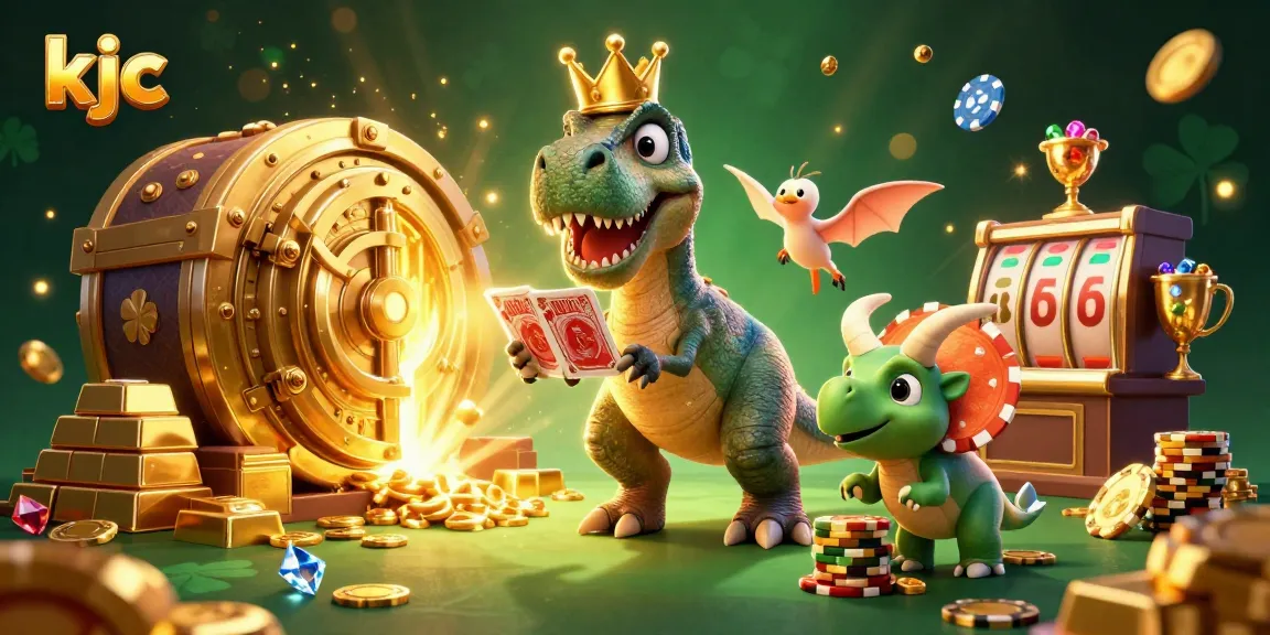 Engage with KJC's vibrant casino scene featuring a T-Rex shuffling cards and a triceratops stacking chips.