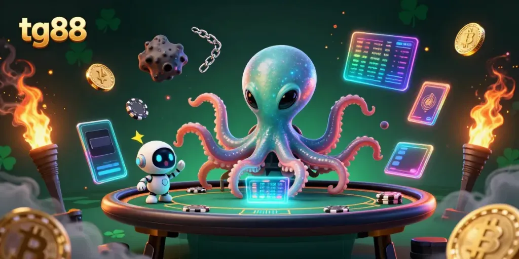 Engage with tg88, an alien octopus hosting a holographic casino game with vibrant neon crypto coins.