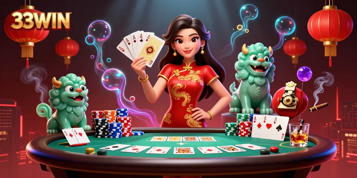 Experience dynamic gaming moments at 33WIN with a glamorous casino scene featuring poker elements.