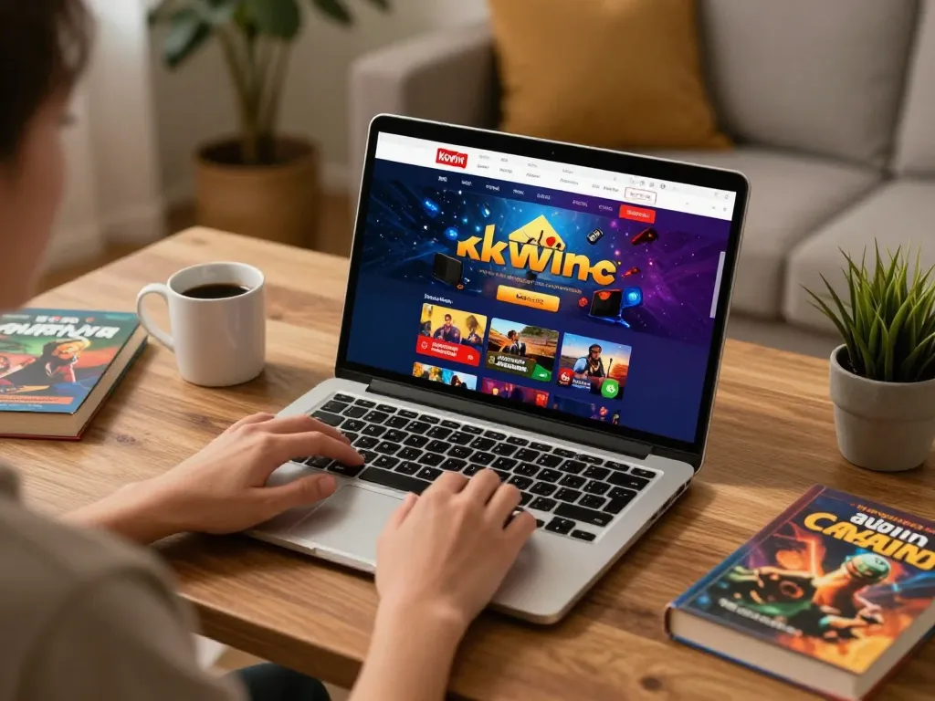 Engaging online gaming experience with kkwin displayed on laptop, showcasing player interaction in a cozy environment