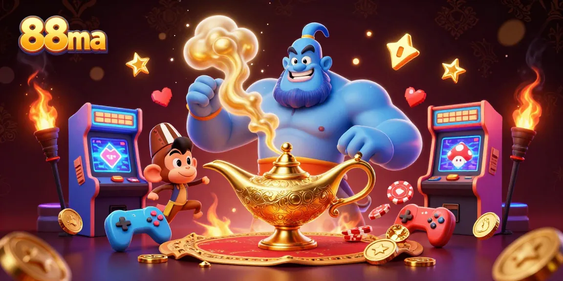 Experience thrilling gameplay with 88ma's vibrant casino illustration featuring a genie, magic carpet, and poker chips.