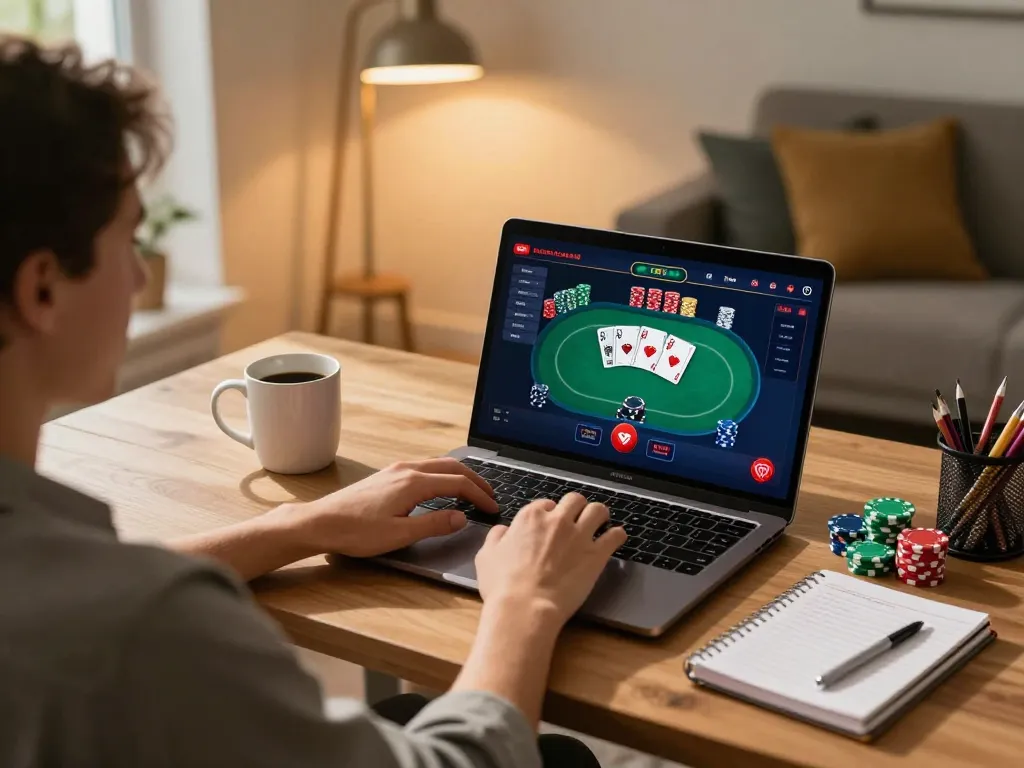 Engaging online gaming scene featuring Luck8 interface on a laptop, showcasing immersive poker action.