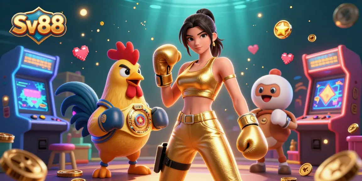 Experience thrilling betting action with Sv88 icon, showcasing a fierce woman and a boxing rooster surrounded by dynamic casino elements.