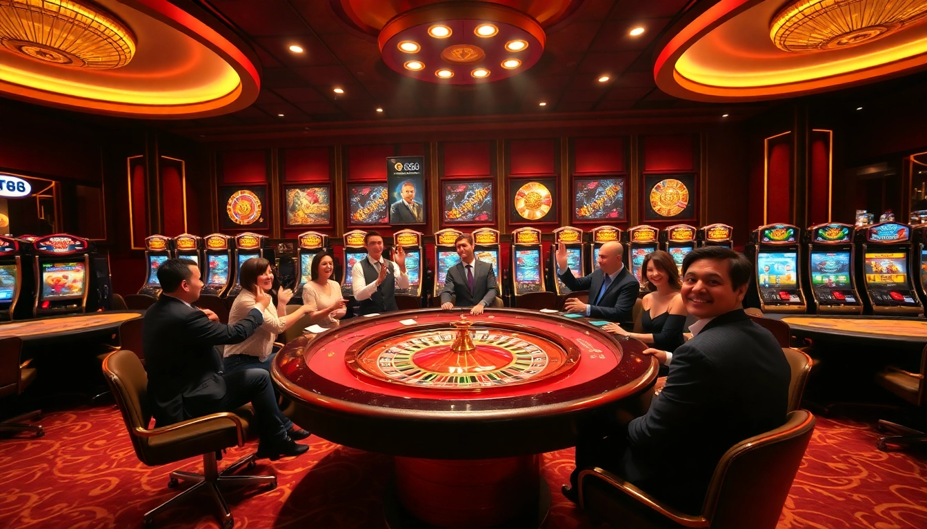 TG88 players enjoying a luxurious casino experience with vibrant tables and slot machines.