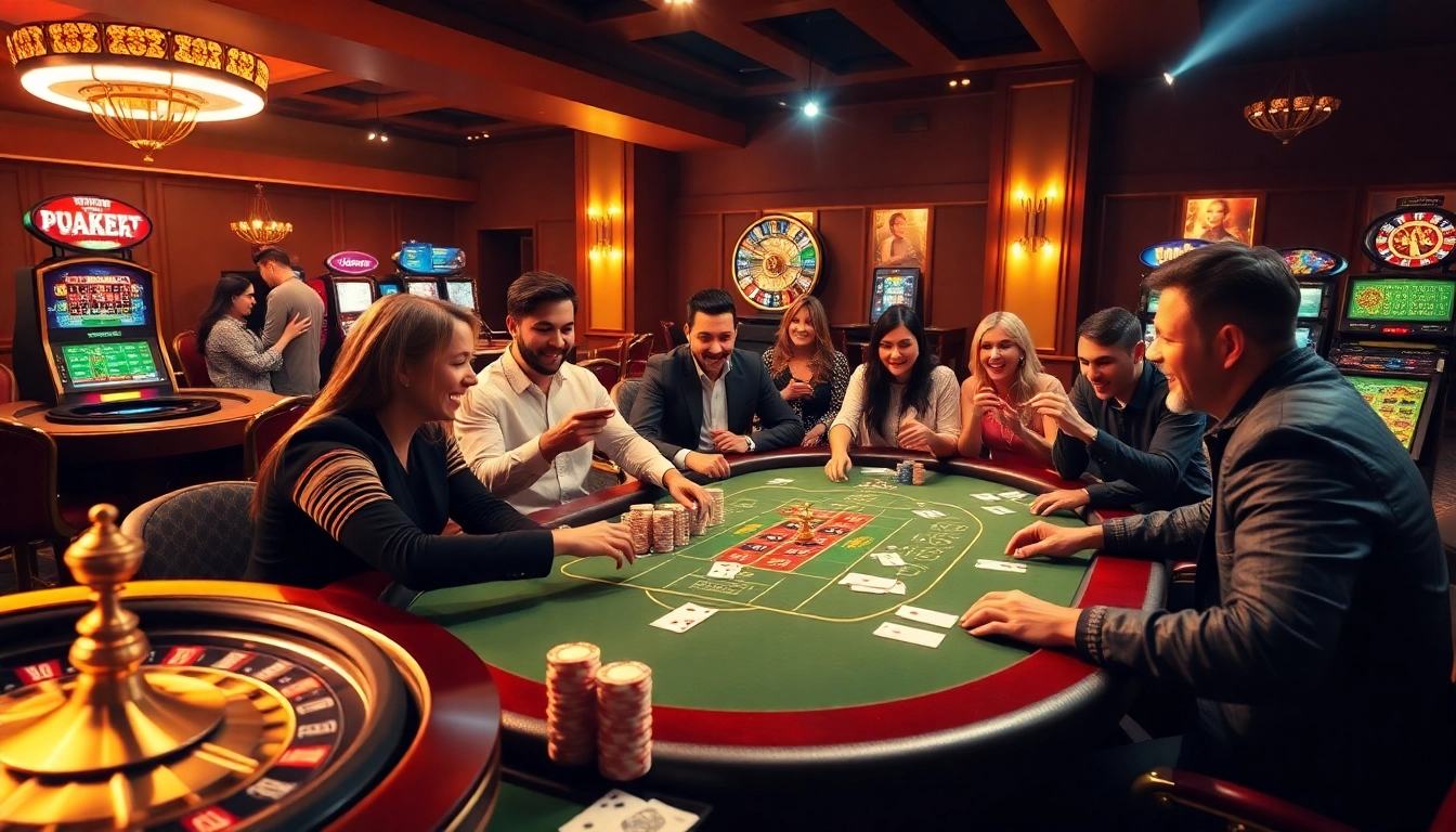 Players enjoying poker at https://hitclub7.org/ online casino table surrounded by vibrant gaming elements.