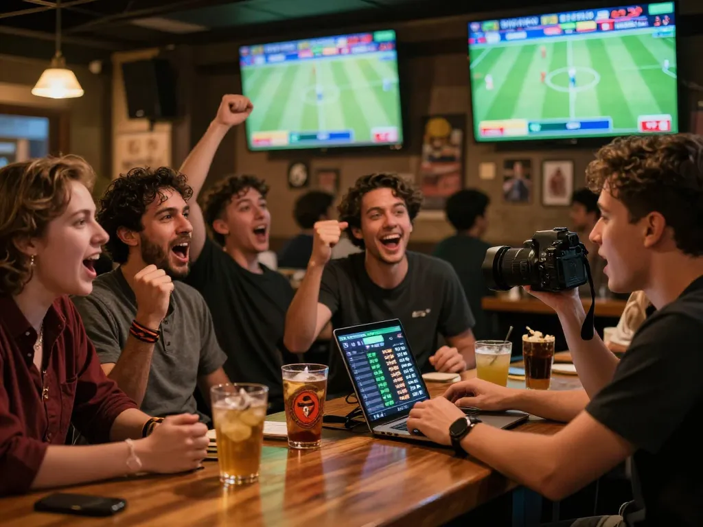 Tỷ lệ kèo bóng đá analysis in a vibrant sports bar setting with fans cheering and screens showing live football matches.