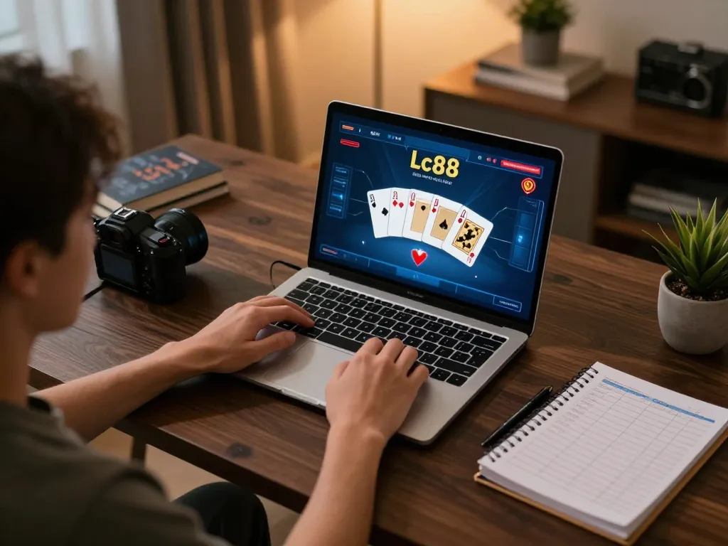 Playing Lc88 vin online poker game on laptop with winning cards displayed
