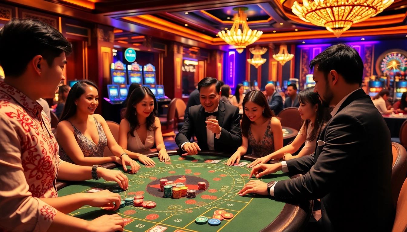 Players enjoying Tài Xỉu at a Haywin casino table, surrounded by vibrant slot machines.