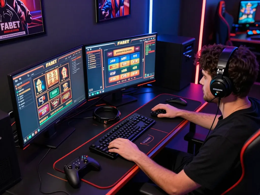 Engaged player enjoying FABET online casino games on multiple screens, showcasing an immersive gaming setup.