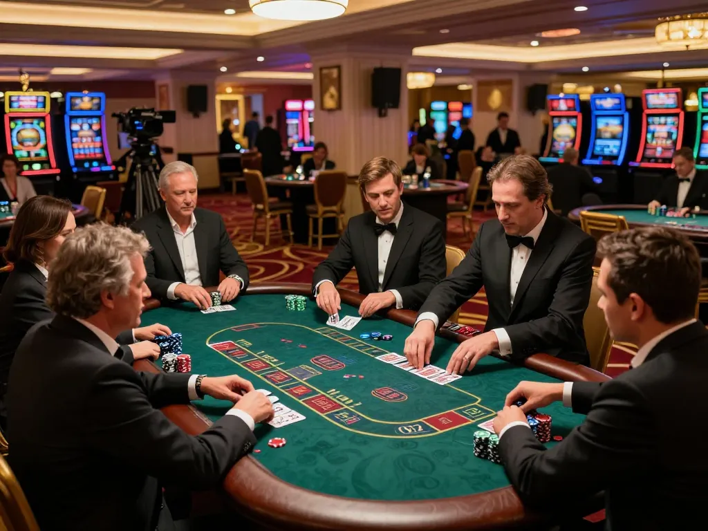 Hitclub blackjack game in an upscale casino with players engaged and focused, capturing the excitement and strategy of gambling.