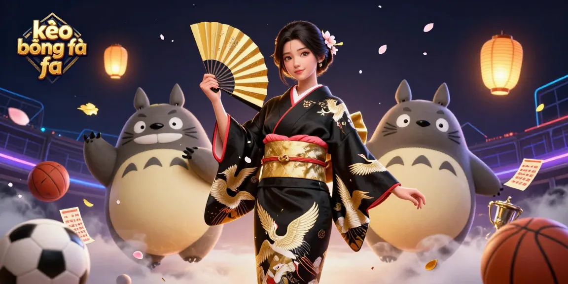 Engage with kèo bóng đá through a vibrant scene featuring an elegant Asian woman and a wise tanuki, surrounded by sports elements and festive decorations.