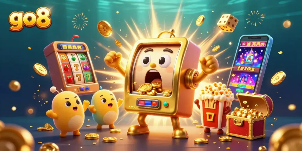 Engage with go8's golden slot machines as they hit jackpots in a vibrant casino scene.