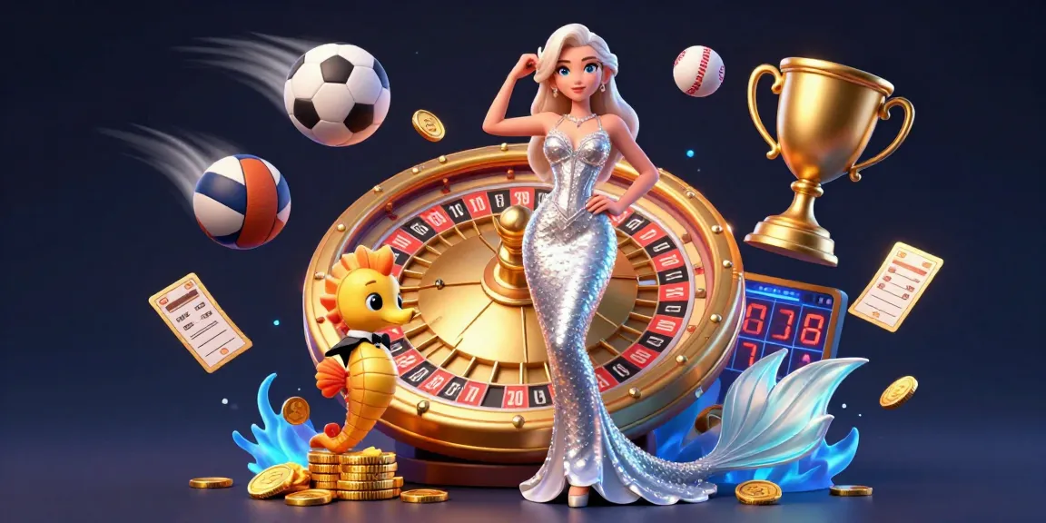 mm88 players winning at casino games, featuring a 3D woman with a roulette wheel and vibrant sports elements.