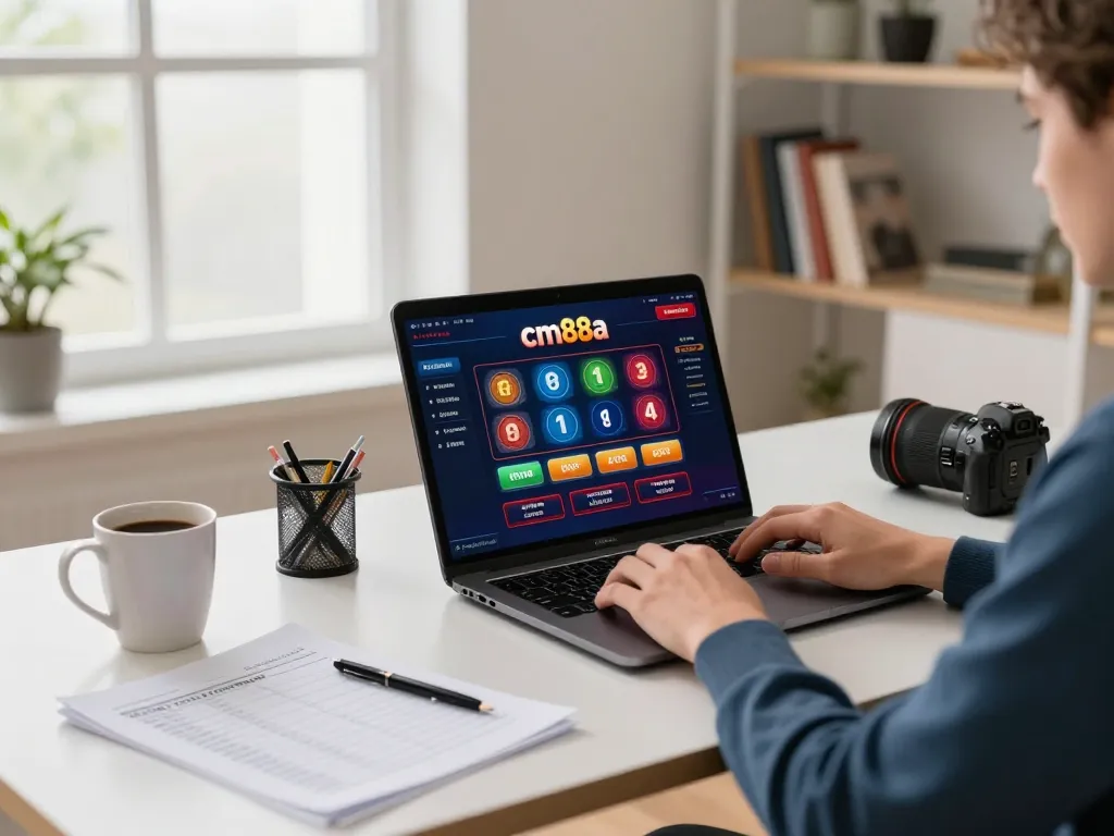 Player engaging with cm88a online casino game on laptop in a cozy home office setup