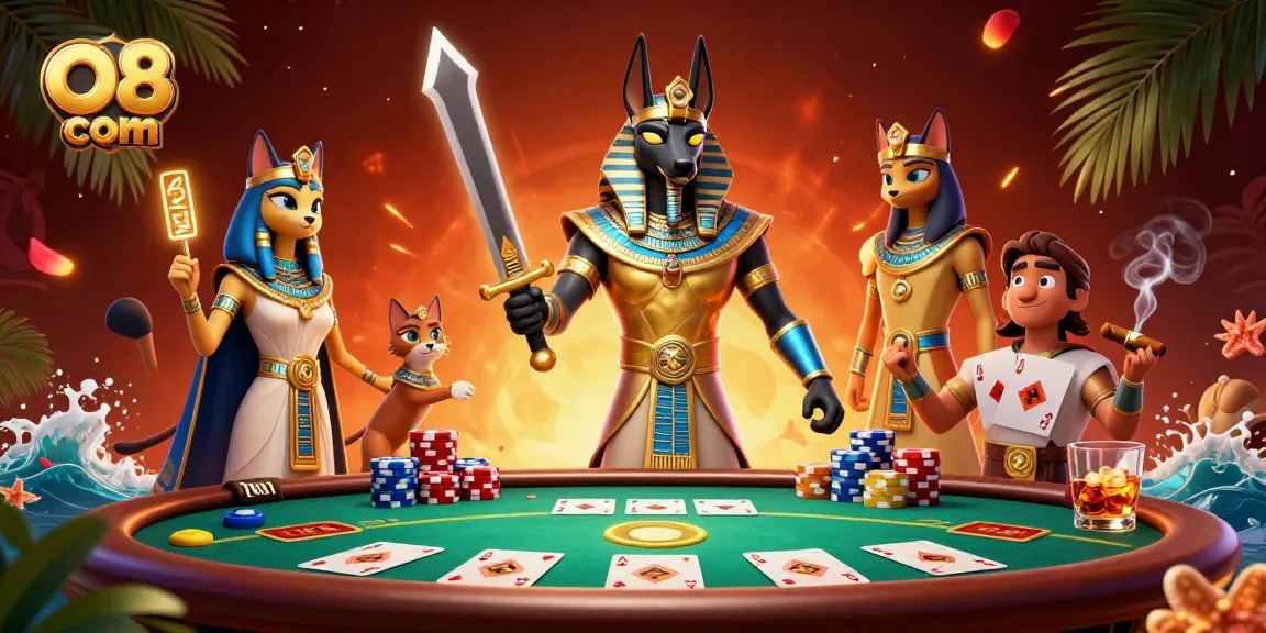 Experience thrilling bets with O8 com in this vibrant casino scene featuring Anubis and Bastet.