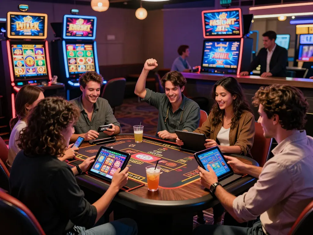 Group of friends enjoying the thrill of 789club online casino, vibrant gaming atmosphere, modern tech integration.