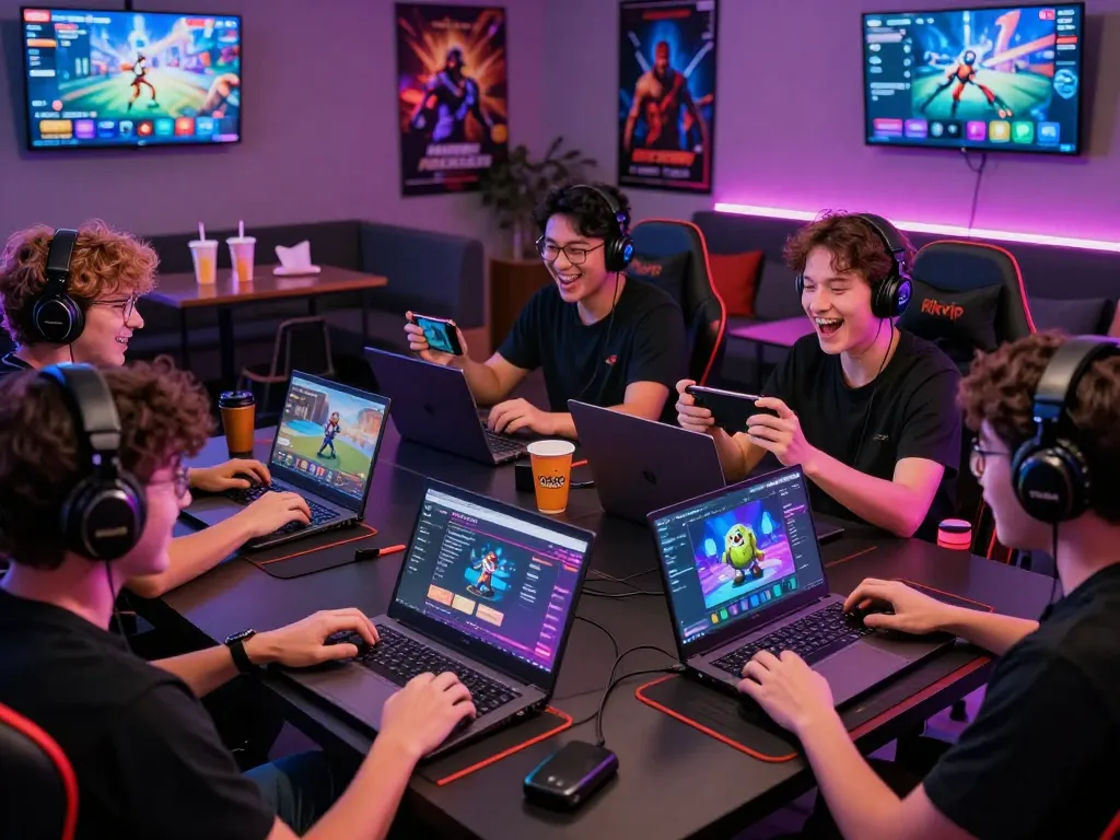 Players excitedly engaged in immersive gaming while learning to tải rik vip on mobile devices in a vibrant lounge atmosphere.