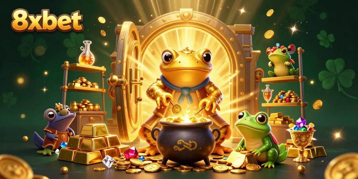 Experience thrilling adventures with 8xbet in this vibrant, 3D casino illustration, featuring gold and jewels.