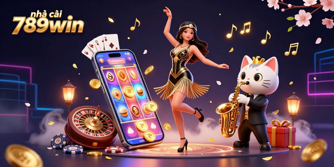 Engage with exciting games at nhà cái 789win, featuring a 3D lively illustration of a dancing lady and a saxophone-playing cat.