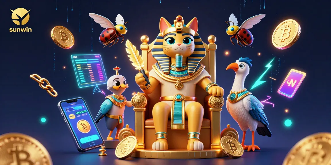 Engage in exciting gameplay at sunwin with a 3D Egyptian pharaoh cat and glowing cryptocurrency elements.