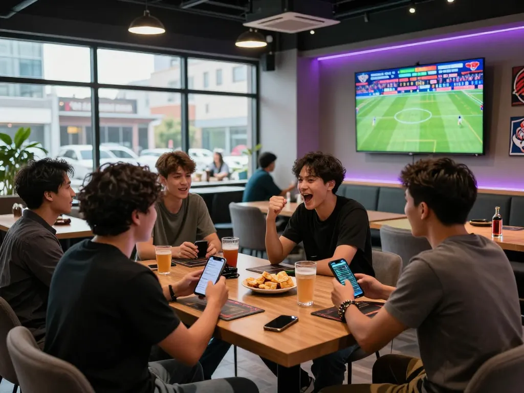 Exciting gambling scene at rikbet sports lounge with friends watching live matches.