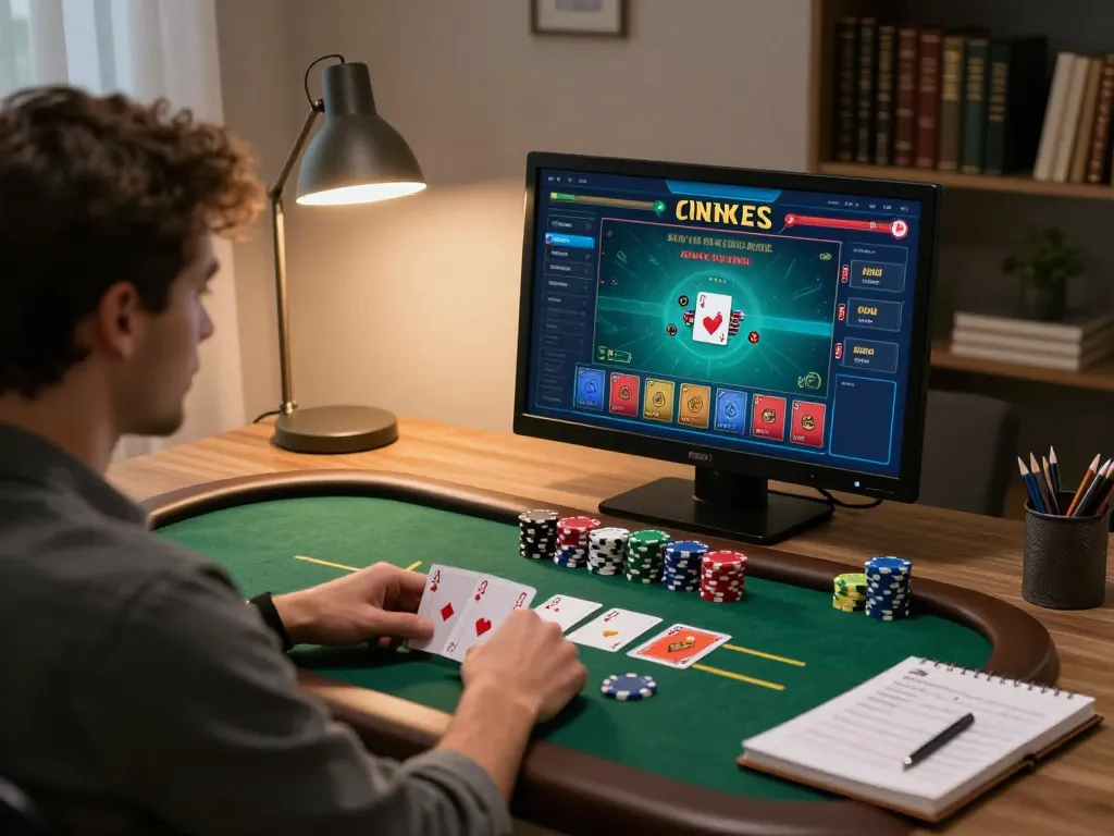 Player enjoying an online blackjack game at lc88, showcasing strategic chips and cards on screen.