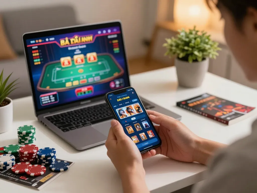 Engaging in the top game bài đổi thưởng on a smartphone while enjoying a cozy home atmosphere.