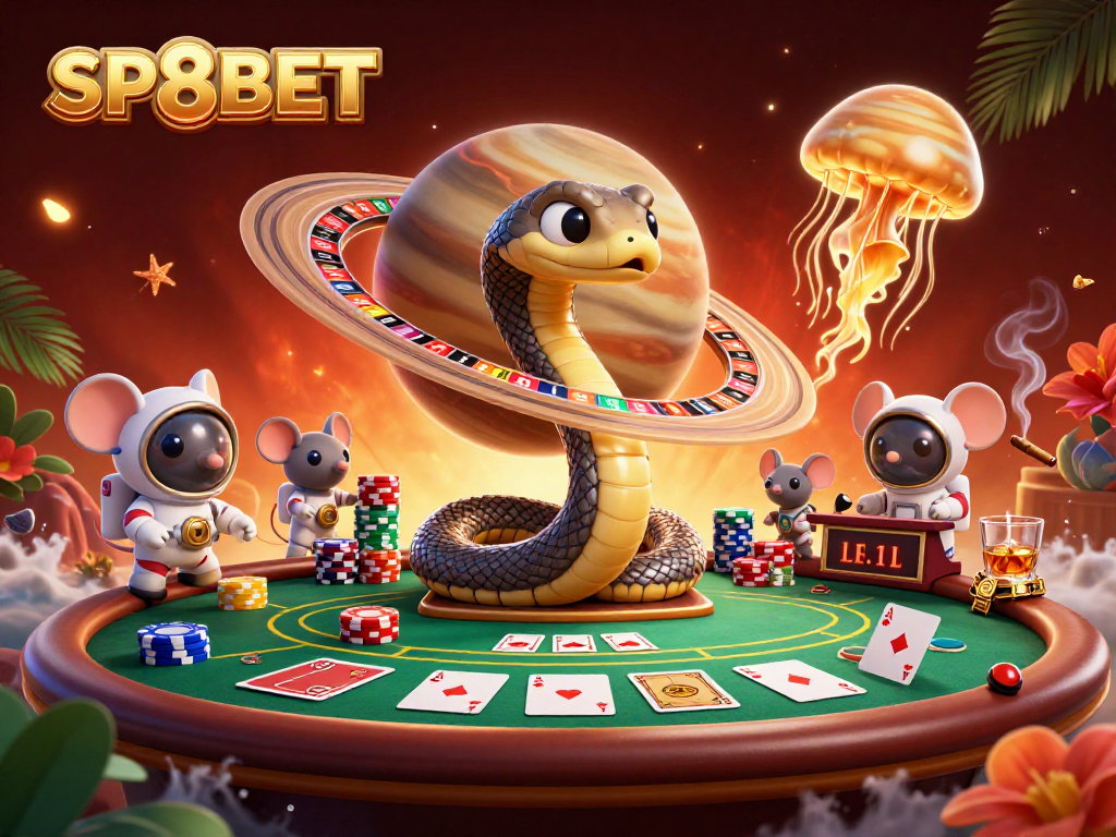 Experience thrilling gambling with SP8BET as astronaut mice play amidst Saturn's roulette rings.