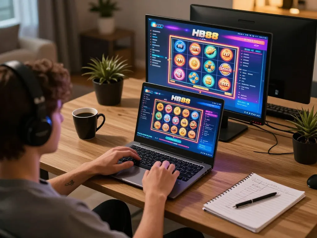 Engaging in HB88 online gambling, a player immersed in slot games on a laptop at home.