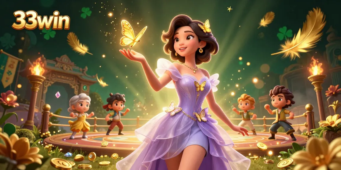 Bet and win at 33win, featuring stunning visuals of a captivating casino scene with a mesmerizing Asian woman and golden butterflies.