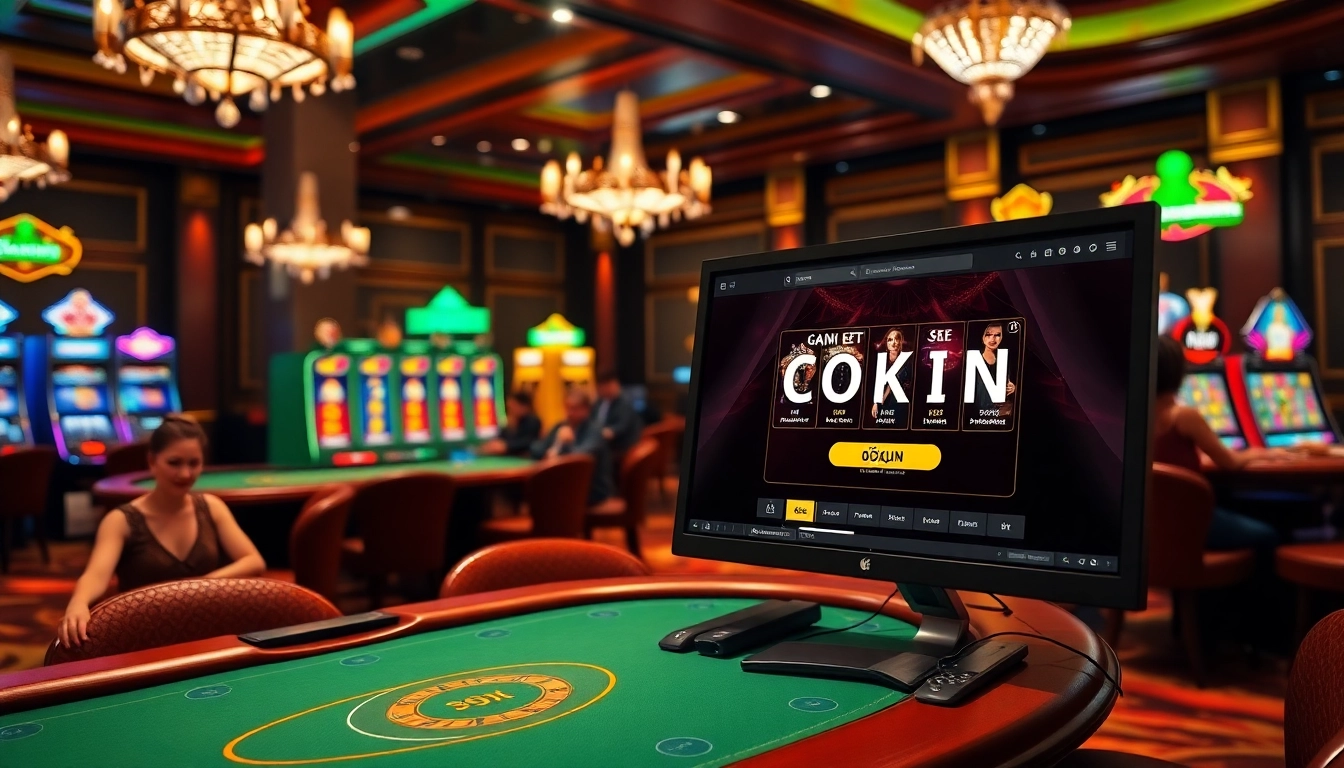 Engaging casino atmosphere with poker tables and লগইন screen, enhancing the gambling experience.