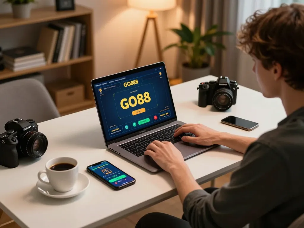 Engaging with GO88 online gaming setup, showcasing bets being placed in a cozy home environment.
