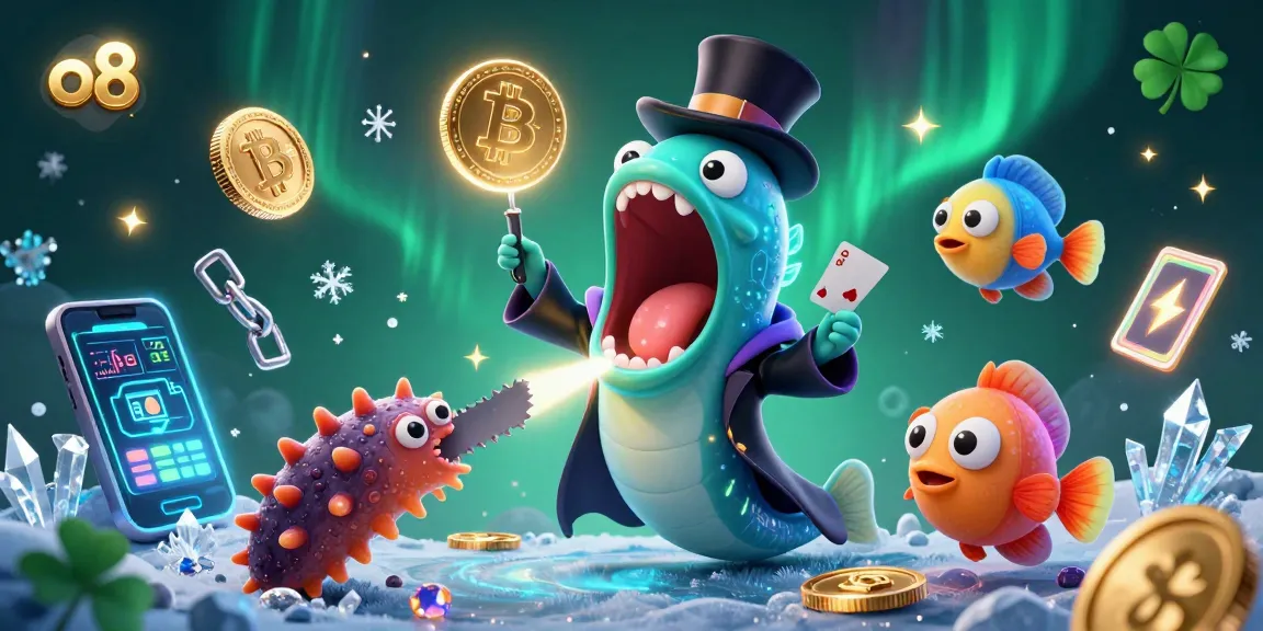 Experience o8's vibrant casino magic with a bioluminescent eel performing tricks, crypto coins, and festive atmosphere.