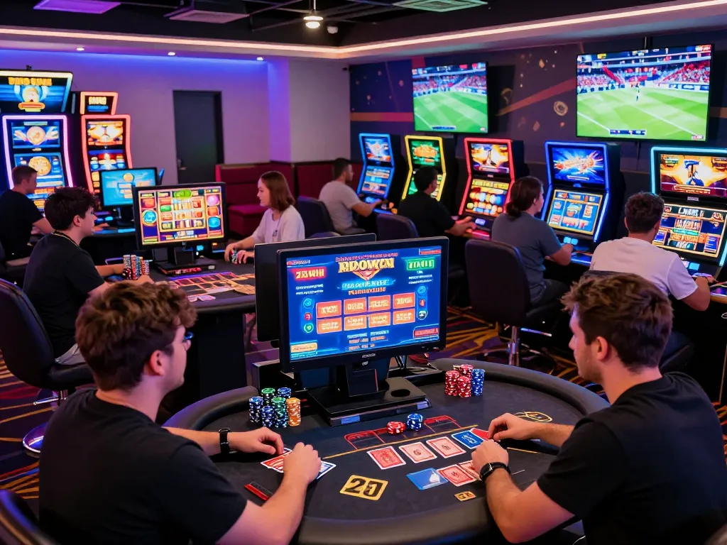 Dynamic gaming environment at 23win, showcasing players enjoying slots and live dealer games with vibrant lighting.