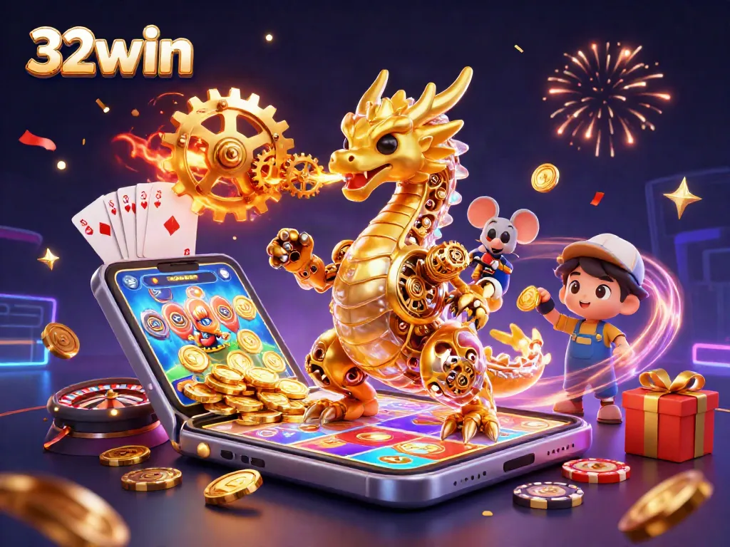 Experience the thrills of 32win at a magical gaming scene with a golden dragon.