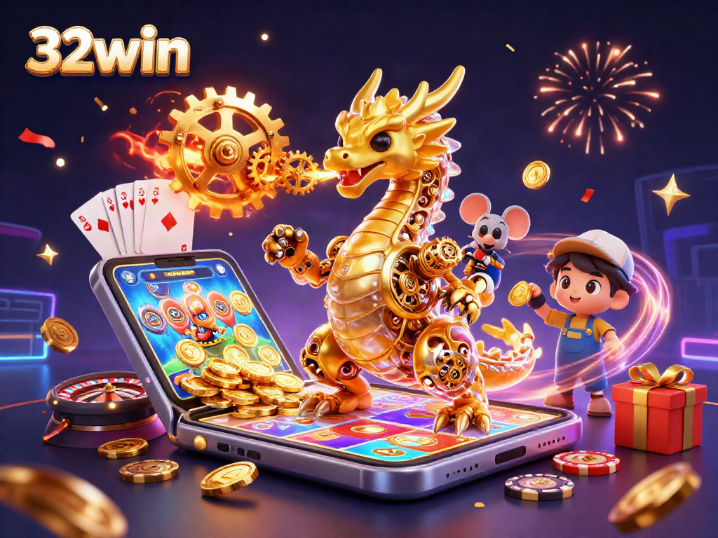 Experience the thrills of 32win at a magical gaming scene with a golden dragon.