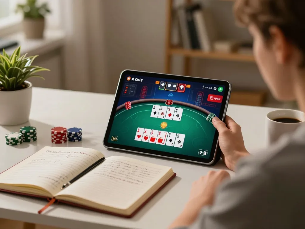Engaging online gambling experience with RR88 on tablet, cozy home setting, and strategic study elements.