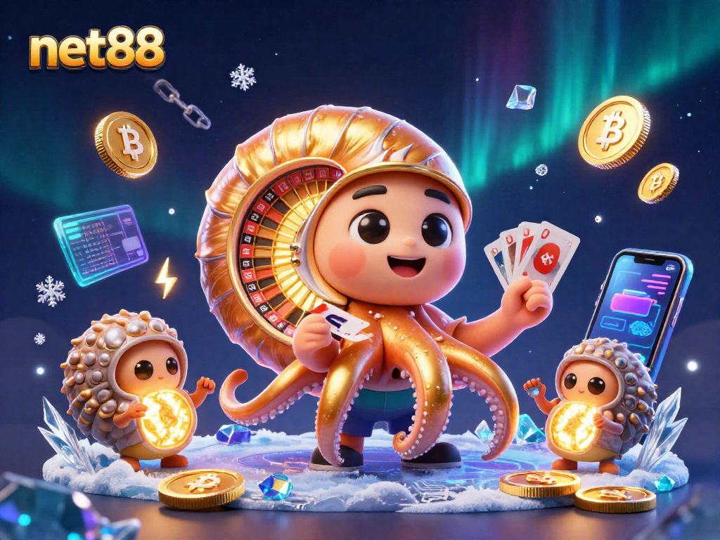Experience thrilling gameplay at net88 with a lively 3D casino scene filled with crypto coins and vibrant game elements.