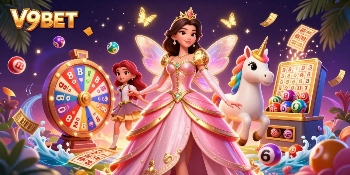 Win big at V9BET with stunning 3D illustration featuring vibrant lottery and casino elements.