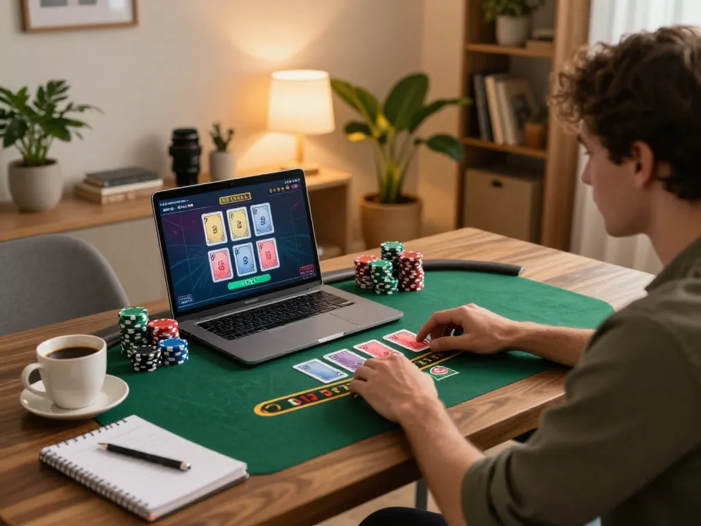 Player engaging in online blackjack at https://mm88.se.net/ from cozy home setup, showcasing gaming strategy.
