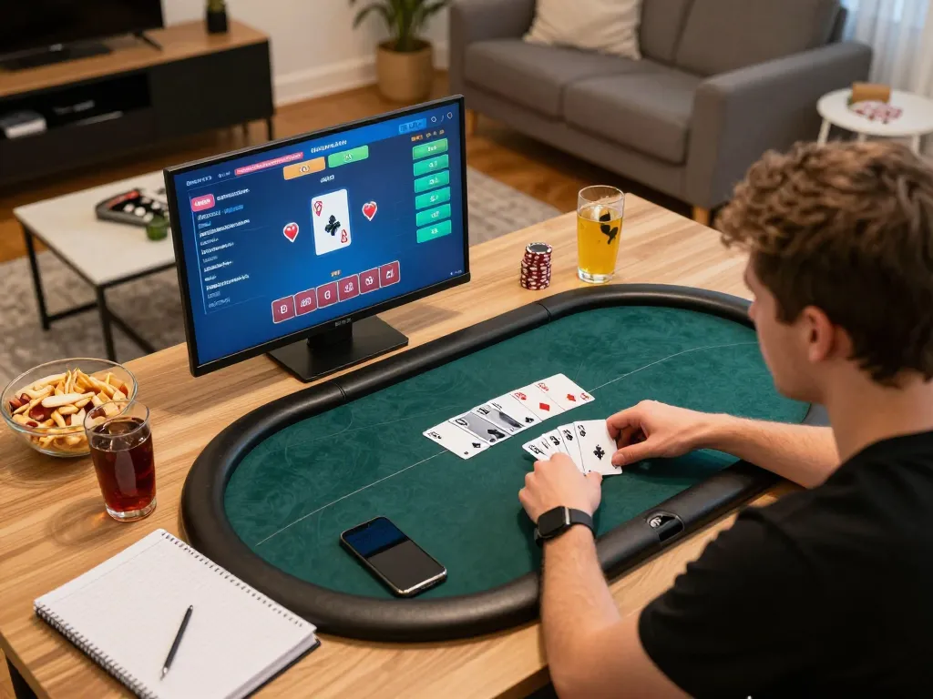 Engaging scene of online poker gameplay at home with focus on Trang chủ DU88 promoting strategic betting