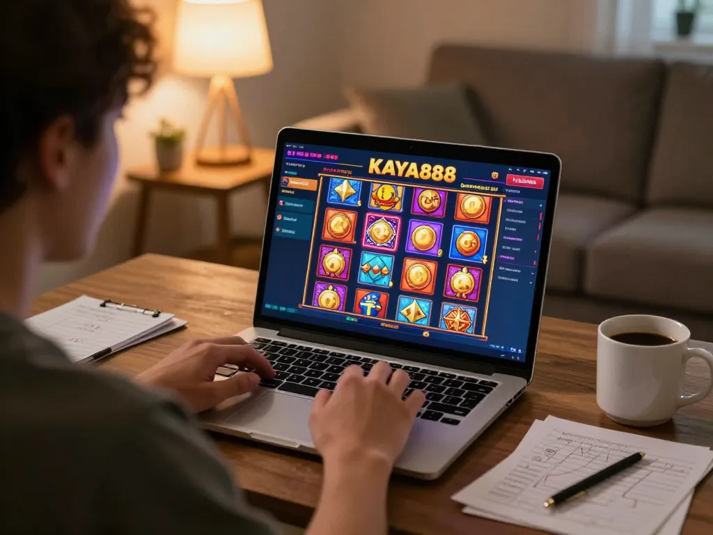 KAYA88 player engaging with colorful slots online in a cozy home setting