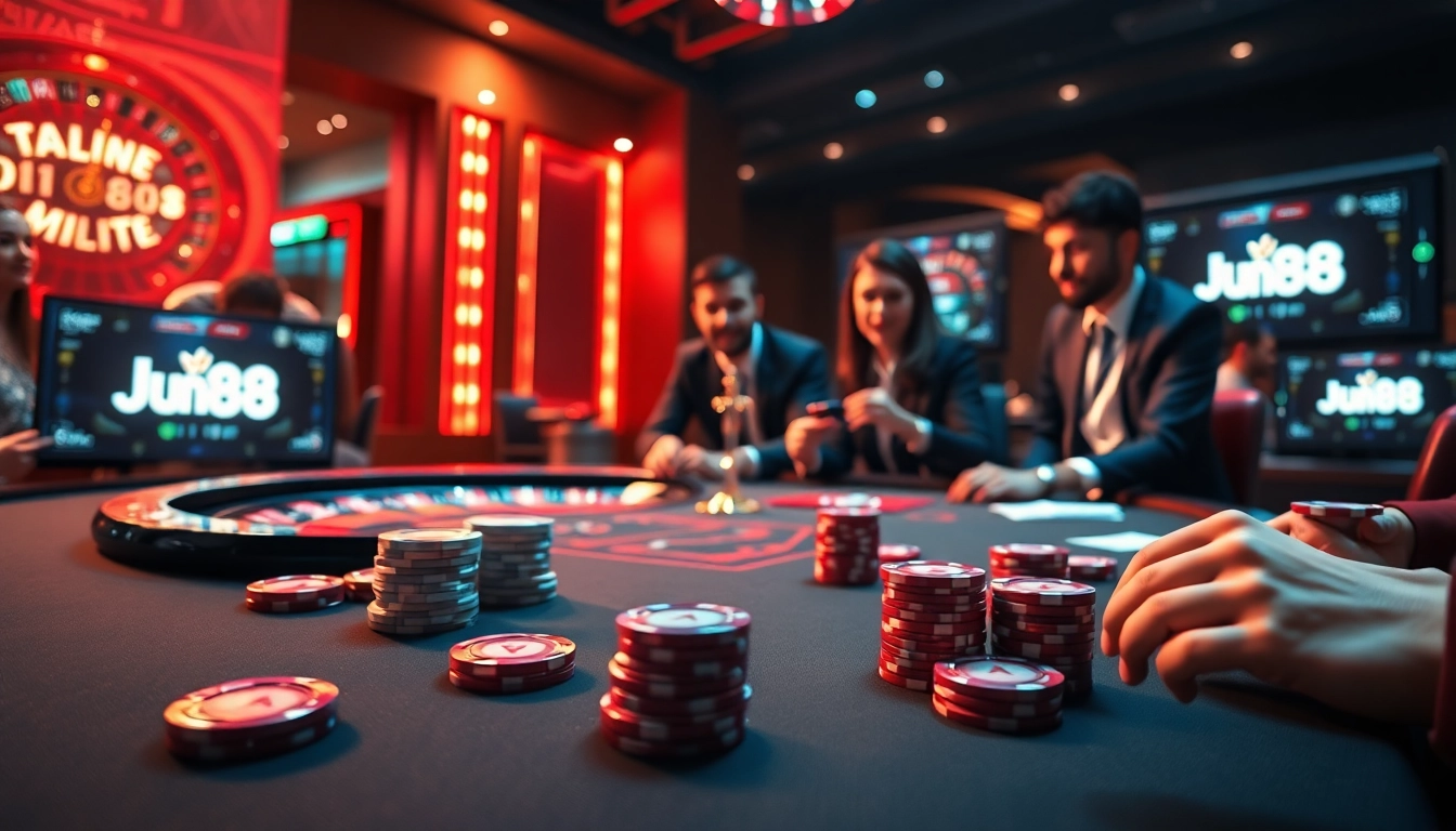 Players engage in an exciting game at a Jun88 casino table, showcasing poker chips and cards.