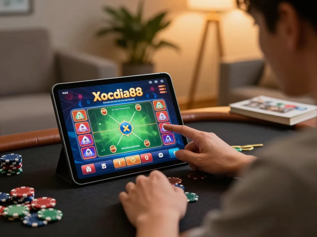 Xocdia88 player engaging with vibrant online casino game on tablet in cozy living room